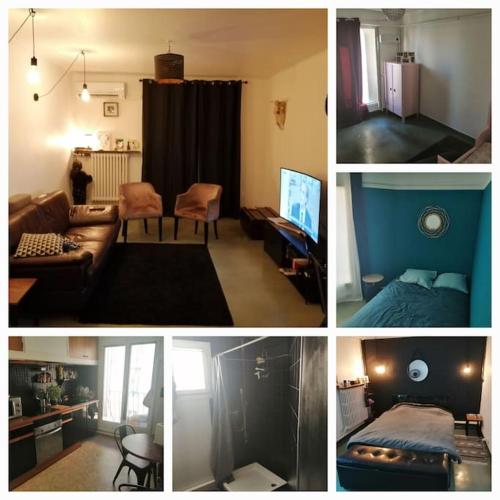 un collage de quatre photos d'un salon dans l'établissement Appart 6 personnes, 3 chambres, très bien situé Centre, à Marseille