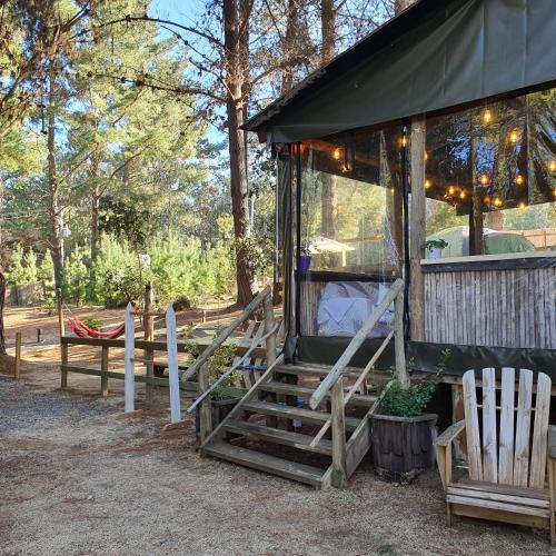 a tree house with a porch and some chairs at Glamping Puertecillo Surf & Camp in Puertecillo