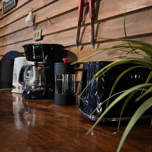 a counter top with a coffee maker and a plant at Glamping Puertecillo Surf & Camp in Puertecillo