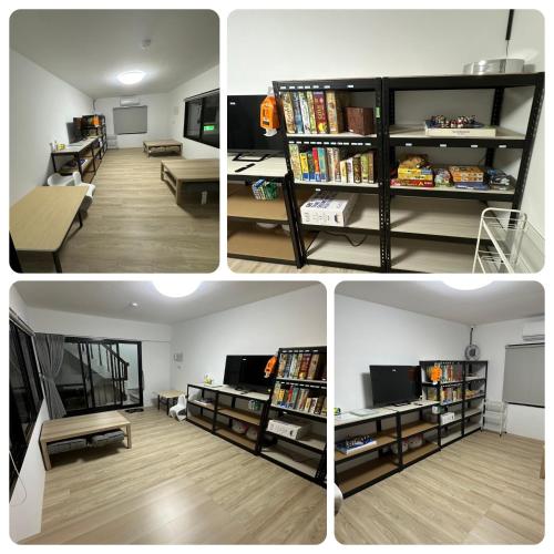three pictures of a living room with a book shelf at Pisces 83 Home in Daxi