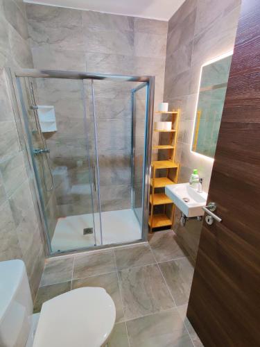 a bathroom with a shower and a toilet and a sink at Diamond Residence Qawra - Side Sea View in St. Paul's Bay