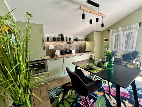 a kitchen with a table and chairs and plants at Borbara Apartman in Pázmándfalu