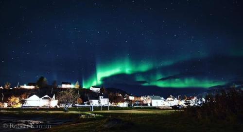 an aurora shines in the sky over a town at 2. etg i Dampskipsbrygga, Lødingen havn in Lødingen