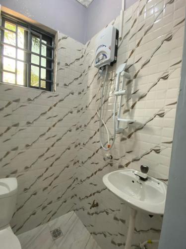 a bathroom with a sink and a toilet at Anne studio & Home stay in Mwanza
