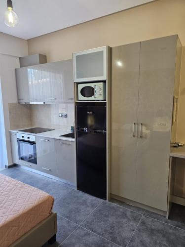 a kitchen with a black refrigerator and a microwave at The Santo George Beach Resort in Amoudara Herakliou