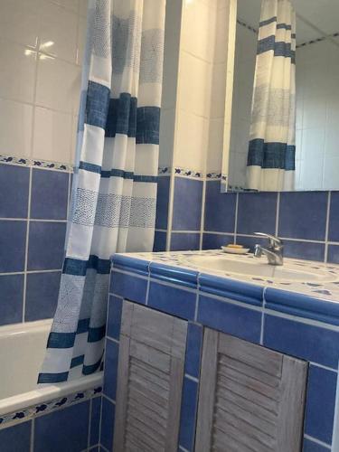 La salle de bains bleue et blanche est pourvue d'un lavabo et d'un miroir. dans l'établissement Le Coquet T2 à 50 m de la mer, à Saint-Raphaël