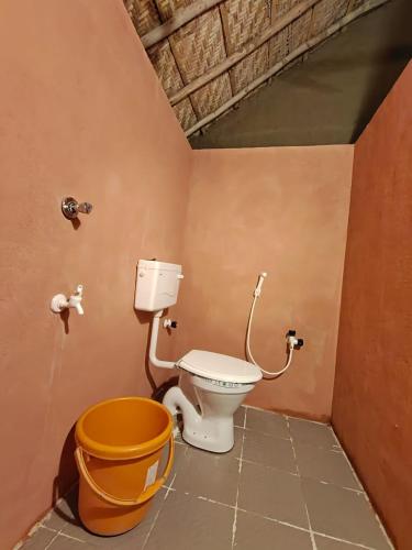 a bathroom with a toilet and a bucket at Hampi Waterfall Cottages in Hampi
