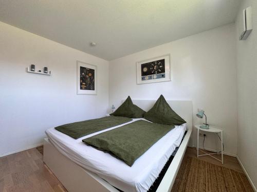 1 dormitorio con 1 cama con sábanas y almohadas verdes en Felix, en Salem