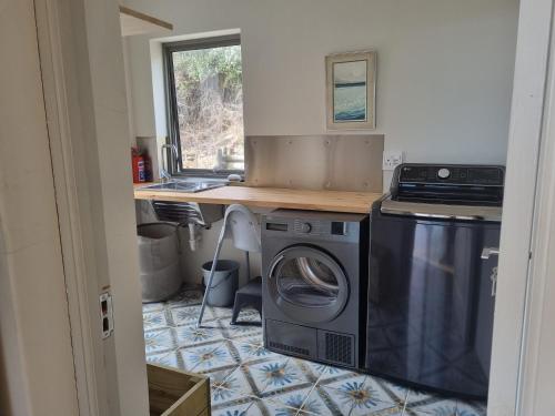 a kitchen with a washing machine and a sink at The Dunes Pringle Bay in Pringle Bay
