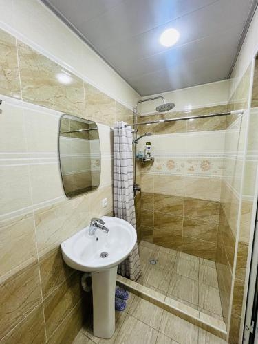 a bathroom with a sink and a shower at MrShox Hostel 1 in Samarkand
