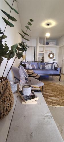 a living room with couches and a table with a plant at Seaside Akrata's House in Paralía Akrátas
