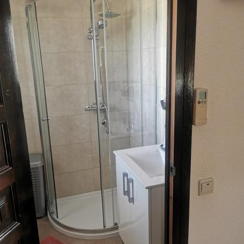 a bathroom with a shower and a sink at Finca Bella Terra in Camarles
