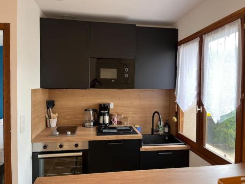 - une cuisine avec des placards noirs et un évier dans l'établissement Hyper centre, calme, extérieur, à Romorantin-Lanthenay