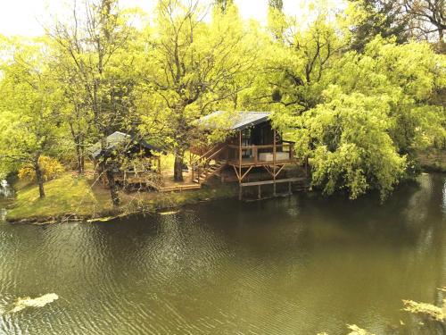 a cabin on an island in the middle of a river at Les Cabanes de Lara in Ménesplet