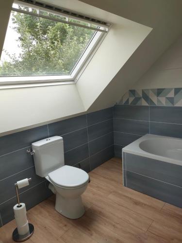 une salle de bain avec toilettes et baignoire dans l'établissement AU BON ACCUEIL A PORCARO AVEC ACCES au SPA EN ILLIMITE, à Porcaro