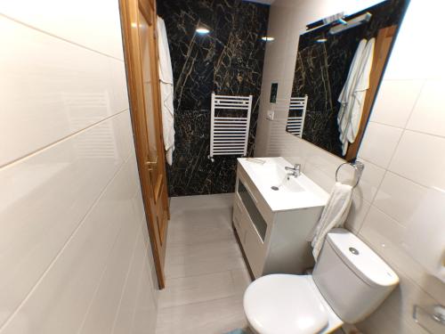 a bathroom with a toilet and a sink and a shower at Pensión La Estación in Logroño