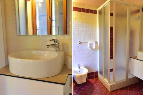 a bathroom with a sink and a mirror and a toilet at Agriturismo Bortolino in Volta Mantovana