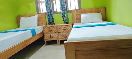 two beds in a room with green walls at Hostel Kiliwood in Moshi