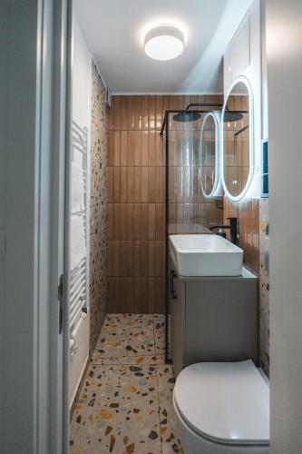 a bathroom with a toilet and a sink at Apartament Iulia si Alex in Curtea de Argeş
