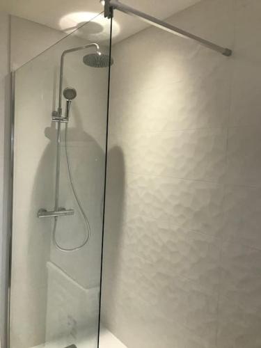 a shower in a bathroom with a glass door at Appartement cosy à deux pas de la gare in Laval