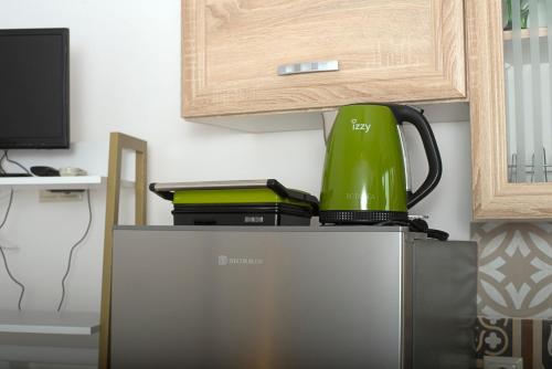 a green tea kettle on top of a refrigerator at Kastoras Apartments in Kardamili