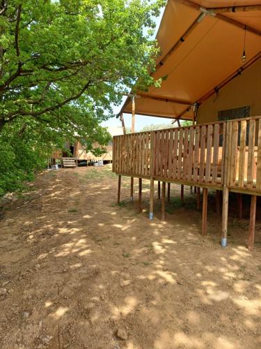 a wooden bench under a tent under a tree at Glamping Podere Angiotto LODGE LAVANDA in Magliano in Toscana