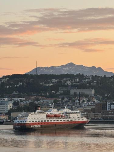 a large cruise ship in the water with a city at Arctic Villa Tromsø in Tromsø