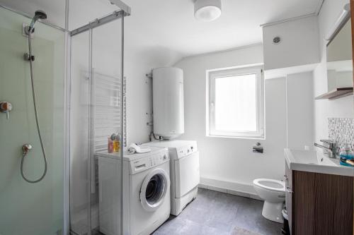 une salle de bain blanche avec une machine à laver et un lavabo dans l'établissement Sweet-jail Proche gare, luxembourg, à Sierck-les-Bains