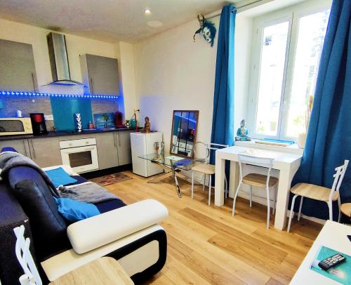 un salon avec un canapé et une table dans l'établissement 2 chambres Centre Chateaubriant Sauna, à Châteaubriant