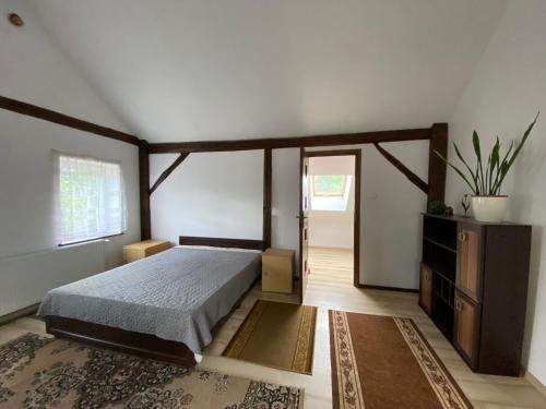 a bedroom with a bed and a dresser and a mirror at Grackowo in Grabowo