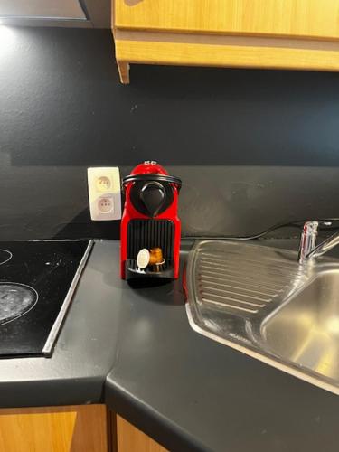 a red appliance on a kitchen counter next to a sink at Appartement 'Le Petit Paris' in Geel