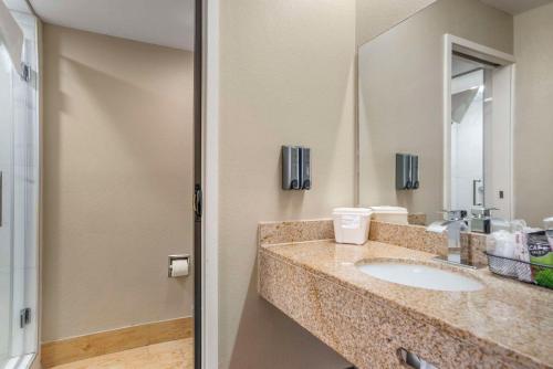 a bathroom with a sink and a mirror at Rodeway Inn Tuscaloosa near University in Tuscaloosa