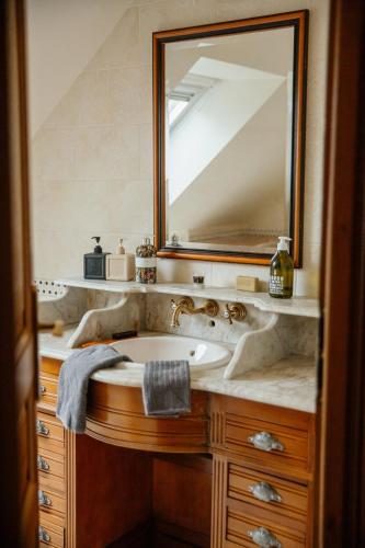 une salle de bain avec un lavabo et un miroir dans l'établissement La Maison du Pont des 2 Rives, à Guipry-Messac