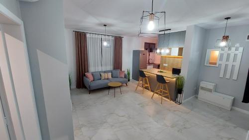 a living room and kitchen with a couch and a table at Matei Rent Apartments - Premium Stays & Free Parking in Baia Mare