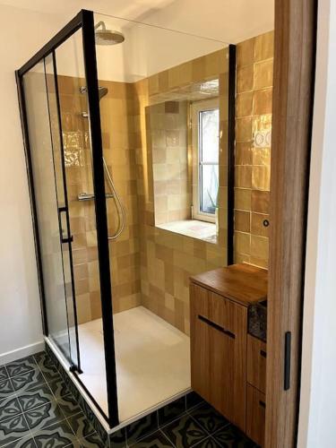 a bathroom with a shower with a glass door at Grand appartement central aéré avec terrasse in Bordeaux