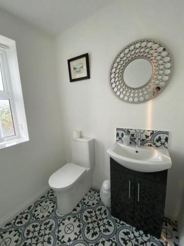 a bathroom with a toilet and a sink and a mirror at Young House in Gracefield