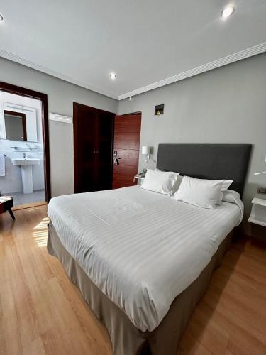 a bedroom with a large bed and a bathroom at Hotel Costasol in Almería