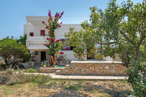 una casa bianca con alberi di fronte di Livadi House Amorgos ad Aegiali