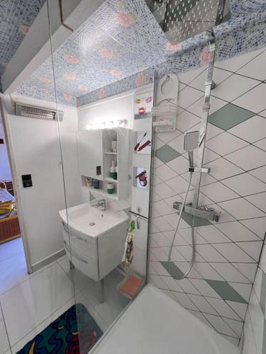 une petite salle de bain avec un lavabo et une douche dans l'établissement Aquaplage Cap d Agde, au Cap d'Agde