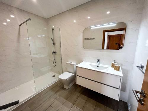 Un baño con inodoro, lavabo y ducha. en Sunset apartment Peniche Surfcamp, en Ferrel