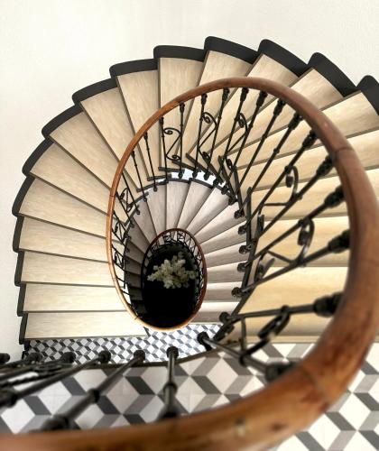 un escalier en colimaçon avec une usine au milieu dans l'établissement Hôtel Restaurant de France, à Castelnaudary