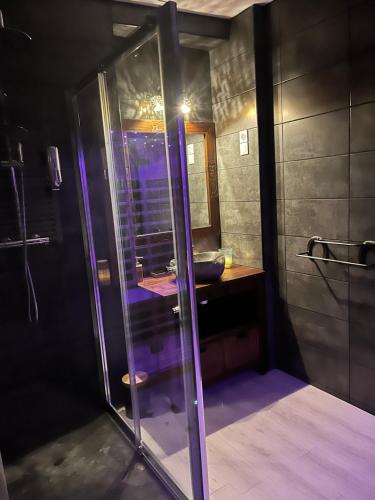 a bathroom with a glass shower with a sink at Maison La Glycine in Chamoux-sur-Gelon