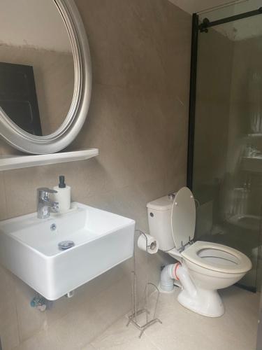 a bathroom with a sink and a toilet and a mirror at Riad Lyna in Marrakech