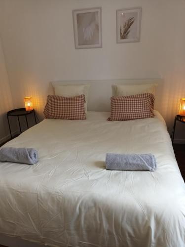 un grand lit blanc avec deux oreillers dessus dans l'établissement Superbe appart à 15 min à pied du stade de France, à Aubervilliers