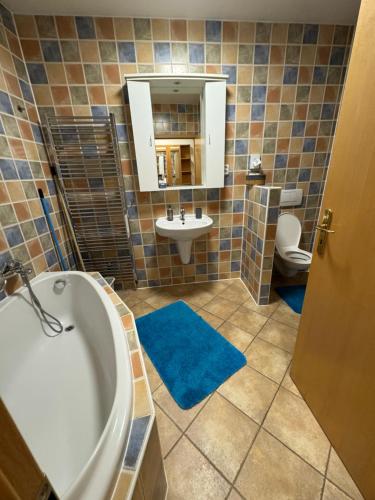 a bathroom with a tub and a sink and a toilet at Apartmány Formanka na náměstí in Hustopeče