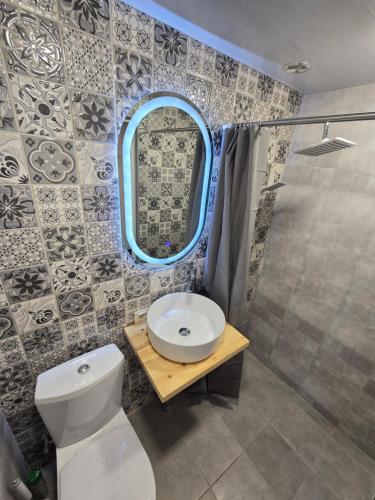 a bathroom with a toilet and a sink and a mirror at Castle Gyumri in Gyumri