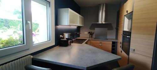 une cuisine avec un comptoir et une grande fenêtre dans l'établissement Les Aubépines, à Rancennes