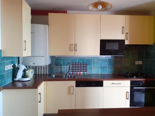 une cuisine avec des armoires blanches, un évier et un micro-ondes dans l'établissement Amédée vue lac, à Évian-les-Bains