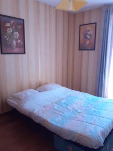 un lit dans une chambre avec deux tableaux au mur dans l'établissement Amédée vue lac, à Évian-les-Bains