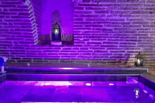a room with purple lights on a brick wall at Studio et spa privatif Le Puits de la Grâce in Albi